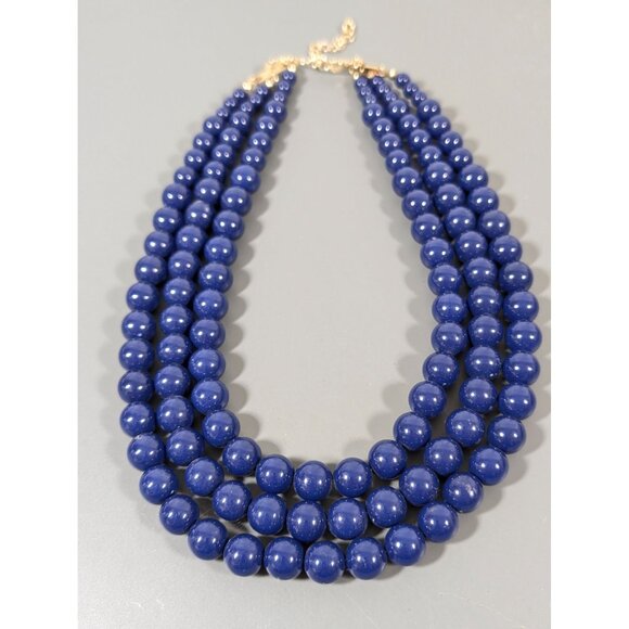 Blue Round Bead Triple Strand Necklace Statement Classic Retro 20 - Picture 2 of 7